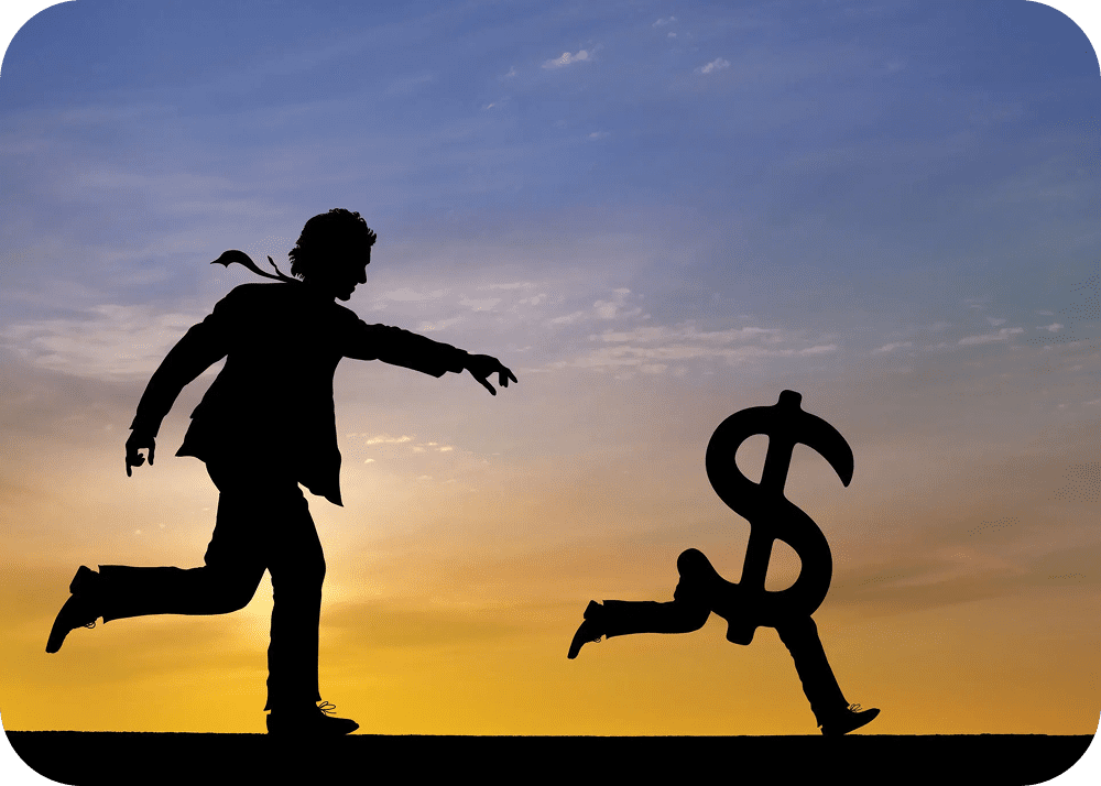 Man chasing running dollar sign silhouette